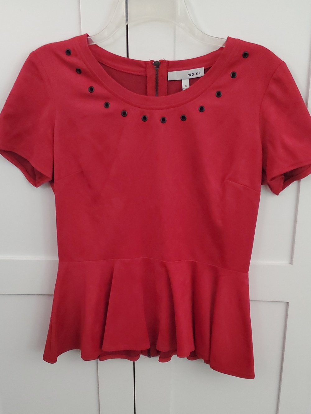WD.NY Red Peplum Top with Black Stud Accents